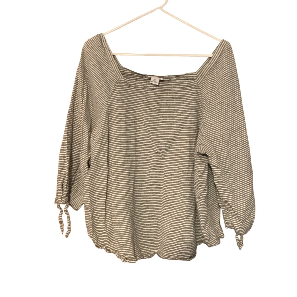 Liz Claiborne XXL Striped Linen Blend‎ Tie Sleeve Square Neck Top